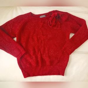 Elsamanda Anthropologie red wool sweater with gold threads and bow